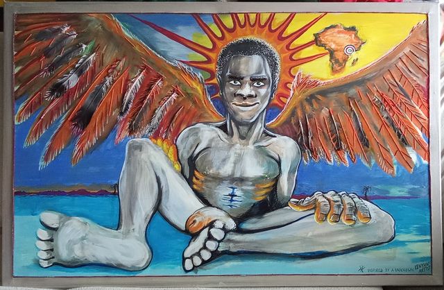 A grey-skinned seated man with huge orange and black feathered wings before a fiery sun halo, a map of Africa in the yellow sky, turquoise water below.