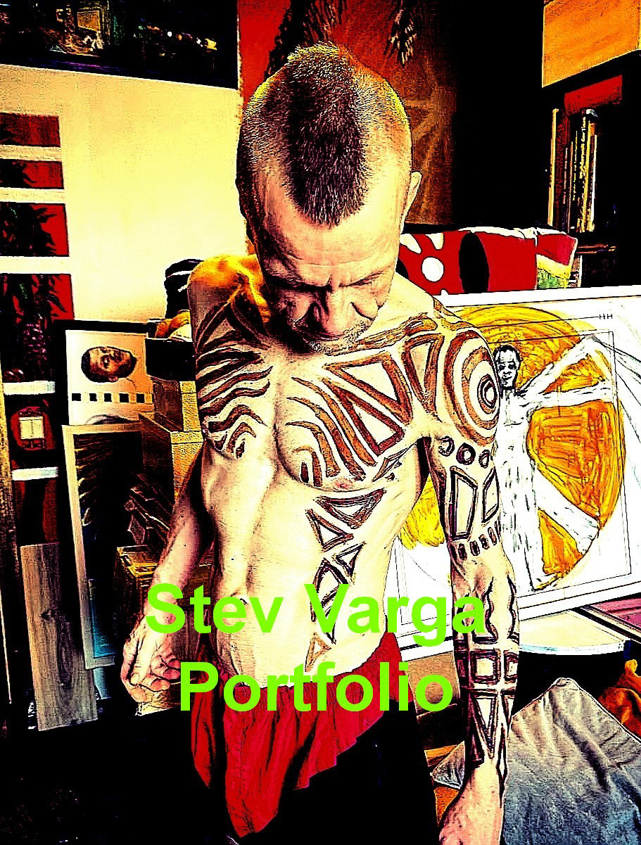 Stev Varga in his studio, torso painted with bold tribal patterns, standing before his canvases.